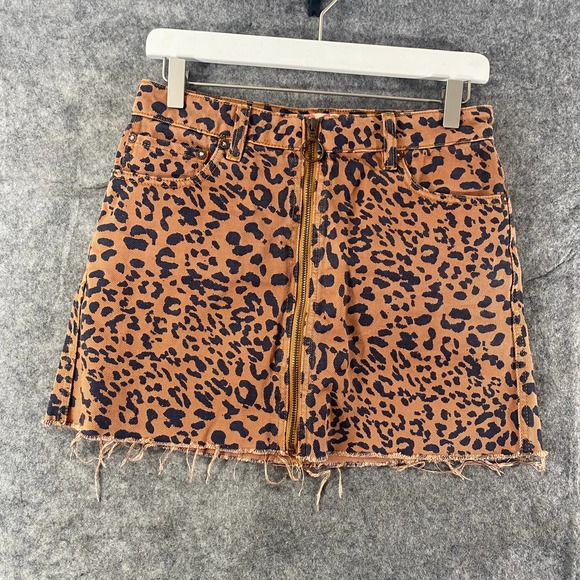 Free People Skirt 26 Orange Black Leopard Print Denim Mini Zip It Up High Rise - Picture 2 of 11